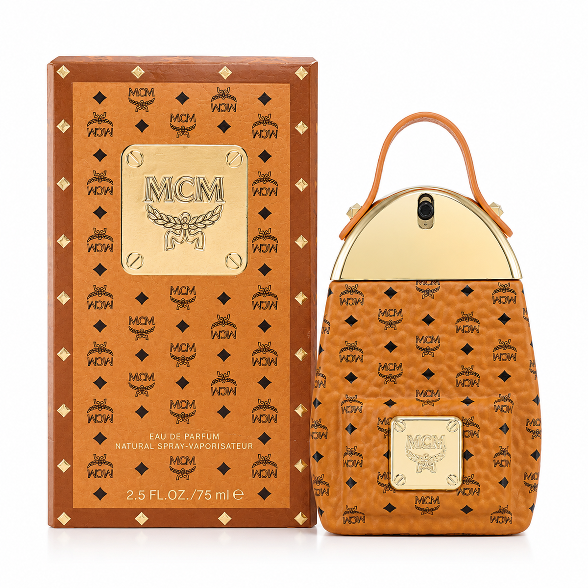 MCM Ensemble Classic Backpack Style Perfume | Cognac-colored Visetos print with gold metal cap perfect for gifting or collecting