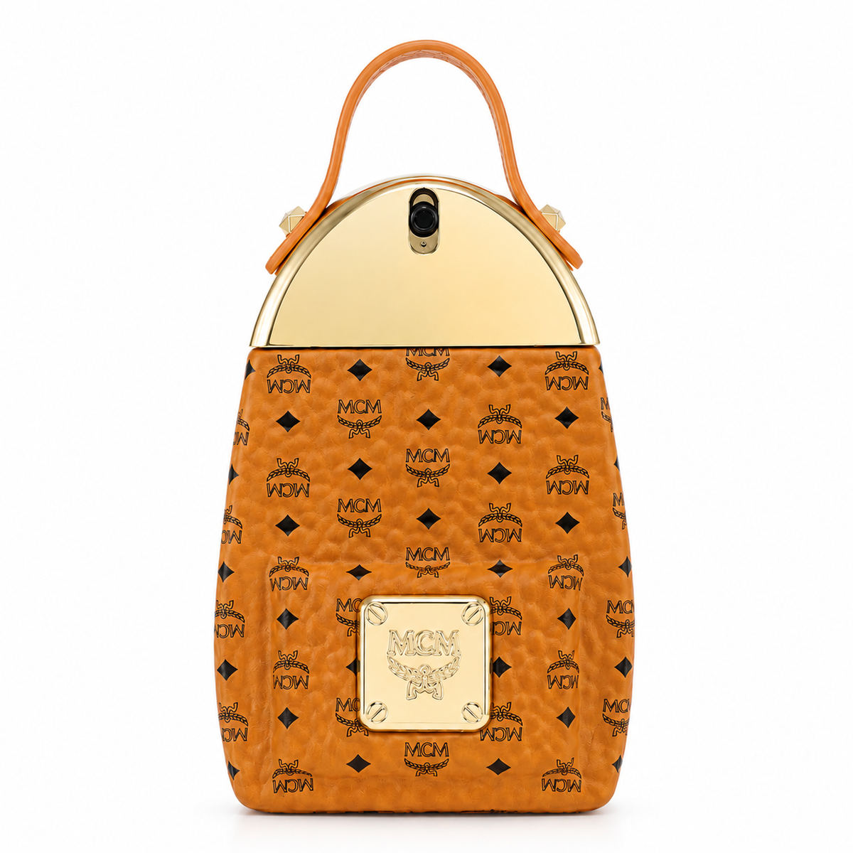 MCM Ensemble Classic Backpack Style Perfume | Cognac-colored Visetos print with gold metal cap perfect for gifting or collecting