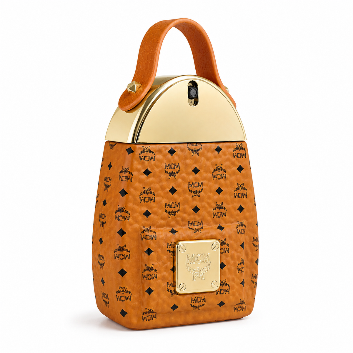 MCM Ensemble Classic Backpack Style Perfume | Cognac-colored Visetos print with gold metal cap perfect for gifting or collecting