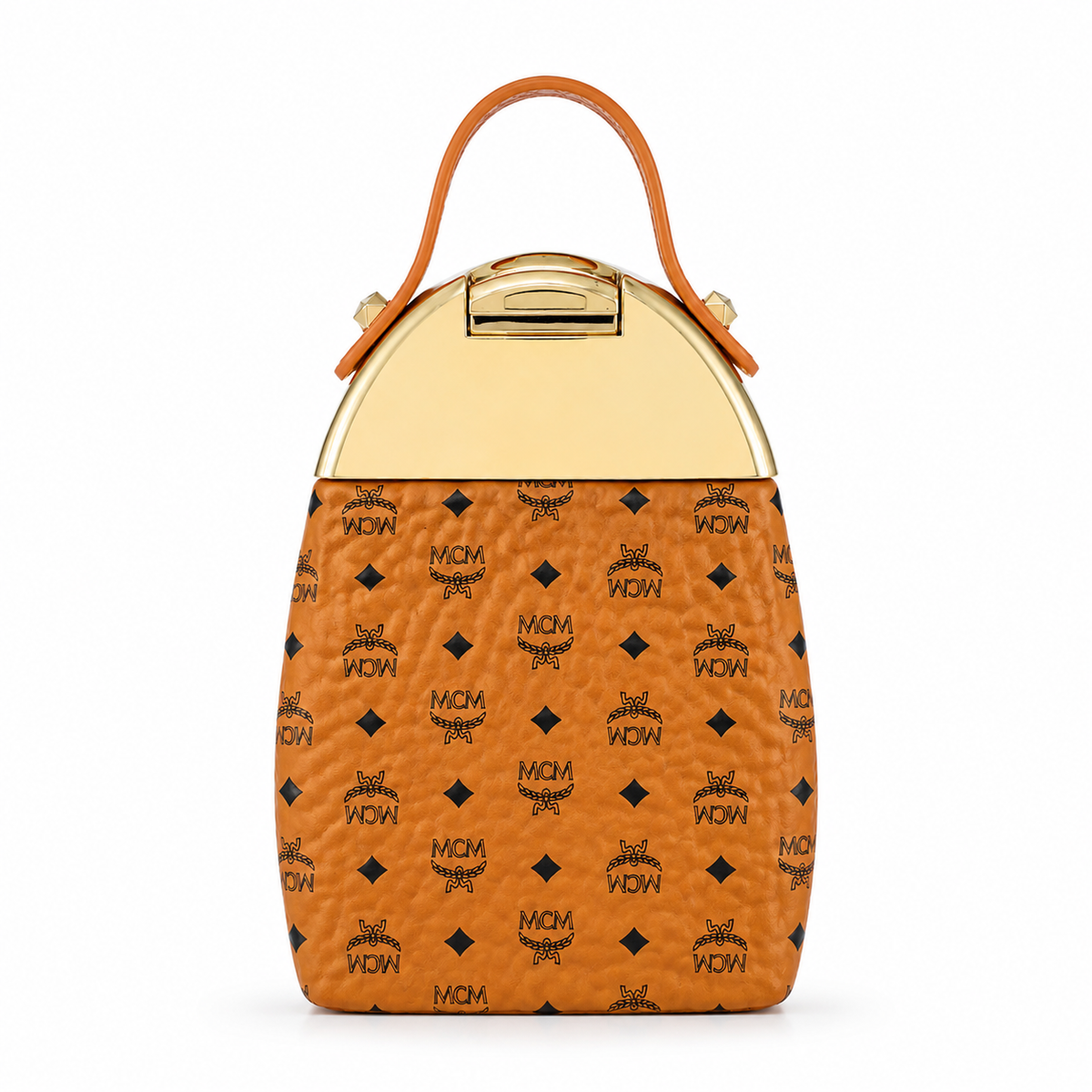 MCM Ensemble Classic Backpack Style Perfume | Cognac-colored Visetos print with gold metal cap perfect for gifting or collecting