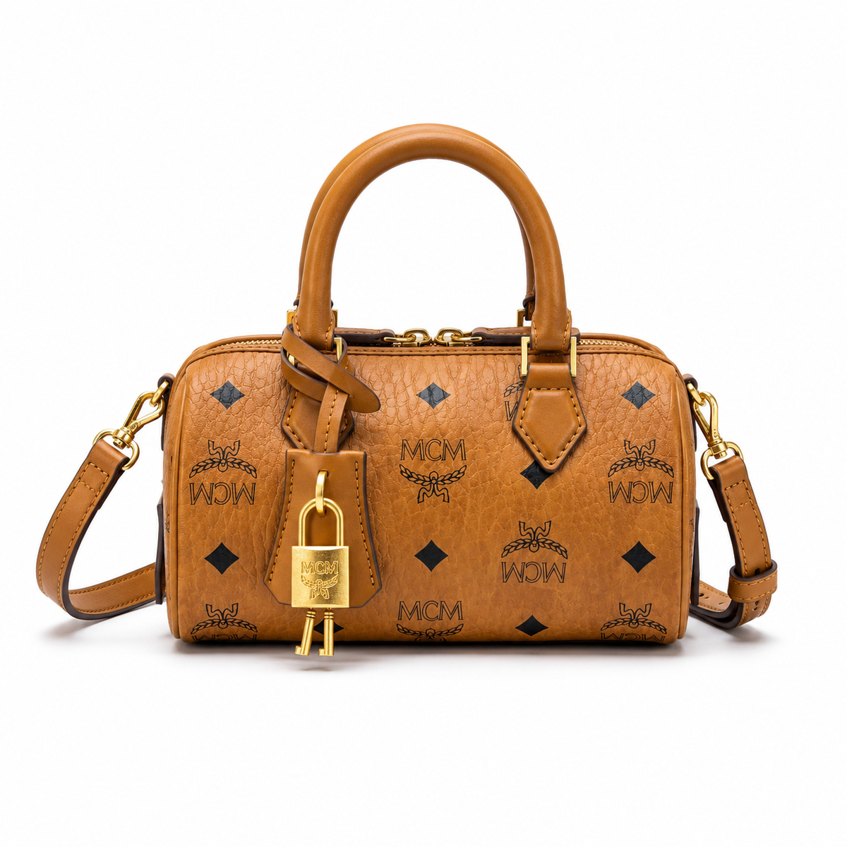 MCM cognac-colored all-over monogram canvas bag with gold-plated clasp pendant adjustable shoulder strap, handbag crossbody bag