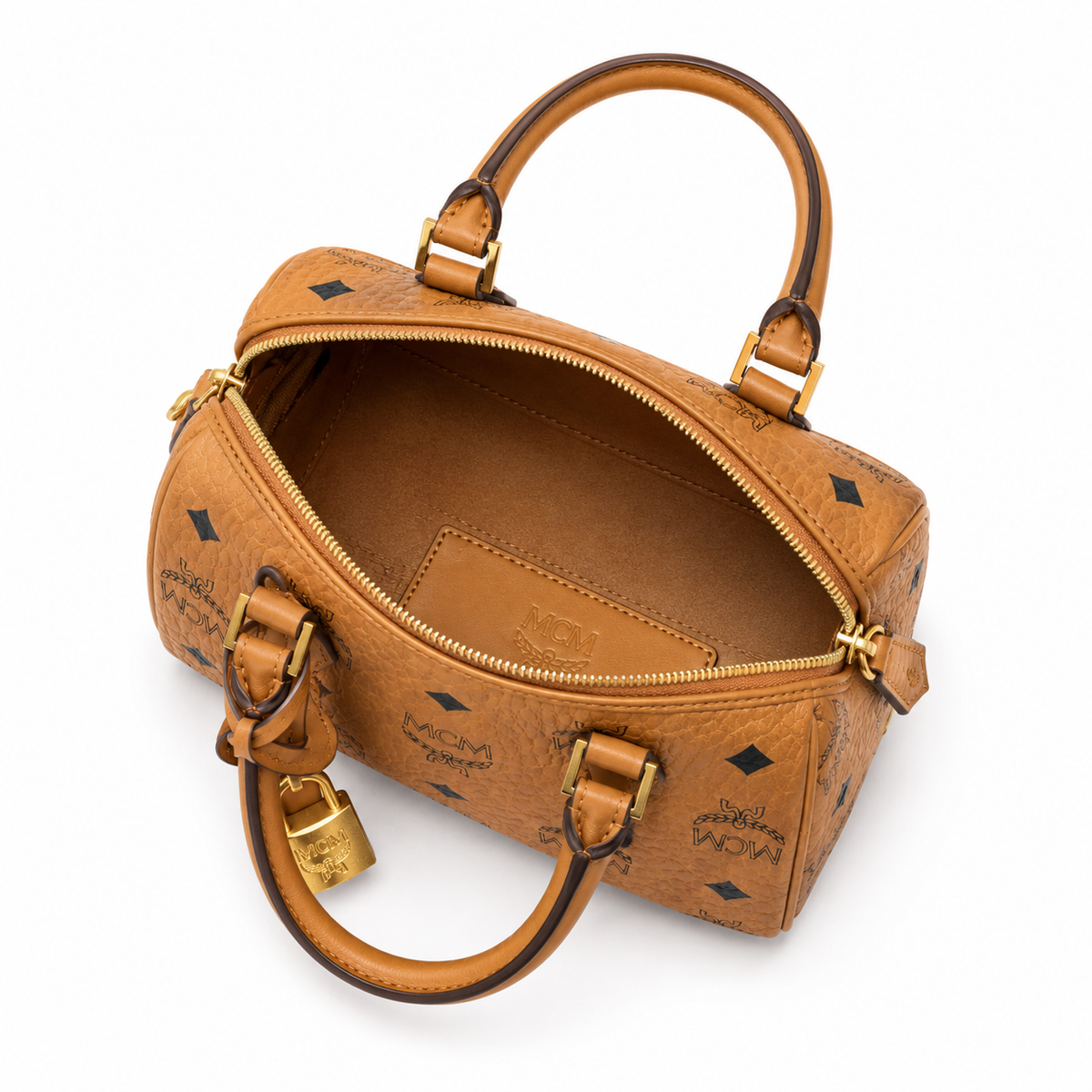 MCM cognac-colored all-over monogram canvas bag with gold-plated clasp pendant adjustable shoulder strap, handbag crossbody bag
