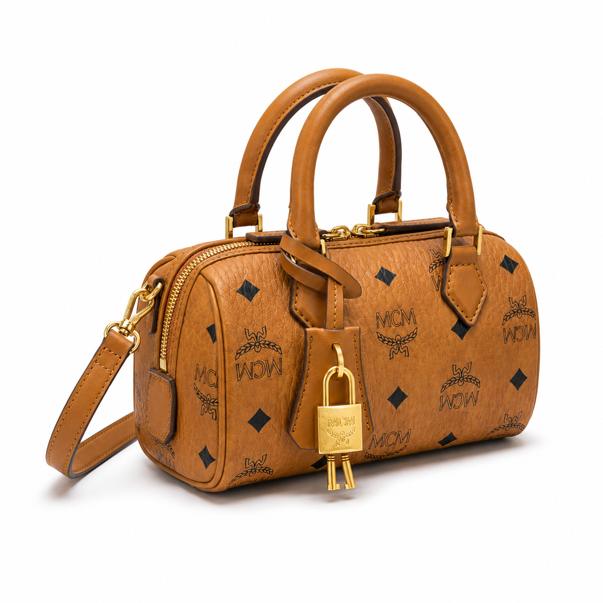MCM cognac-colored all-over monogram canvas bag with gold-plated clasp pendant adjustable shoulder strap, handbag crossbody bag