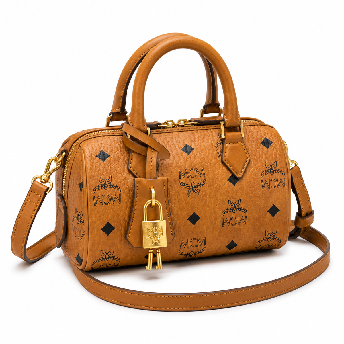 MCM cognac-colored all-over monogram canvas bag with gold-plated clasp pendant adjustable shoulder strap, handbag crossbody bag