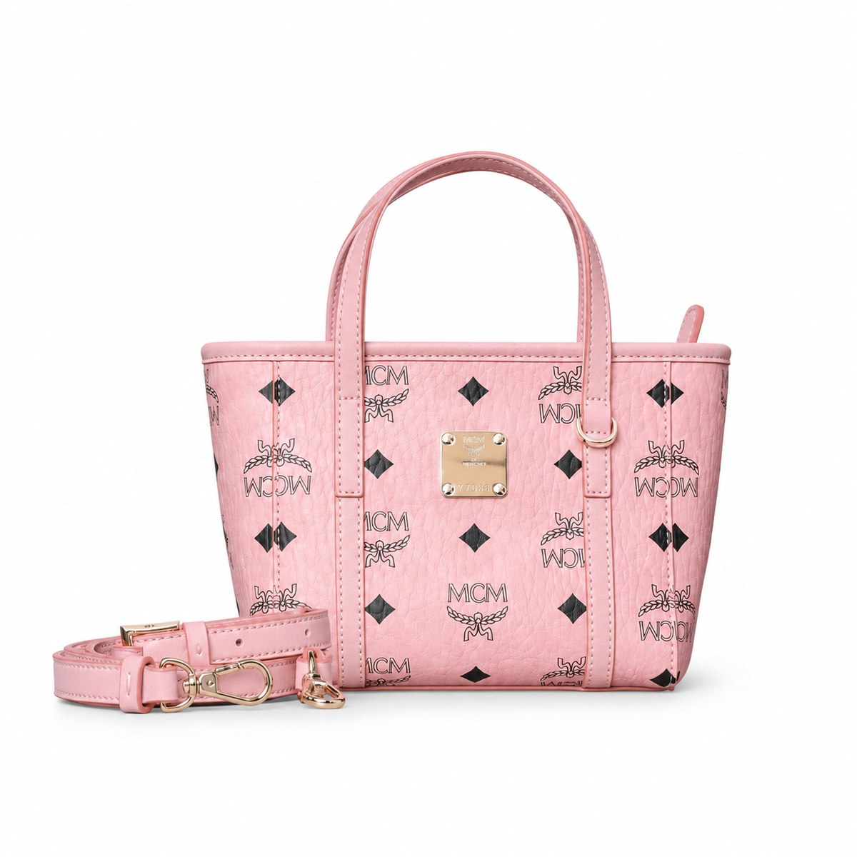MCM Peach Blossom Pink All-over Monogram Canvas Tote Bag with Detachable Shoulder Strap for Multiple Carrying Options