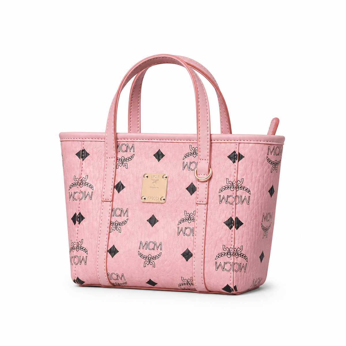MCM Peach Blossom Pink All-over Monogram Canvas Tote Bag with Detachable Shoulder Strap for Multiple Carrying Options
