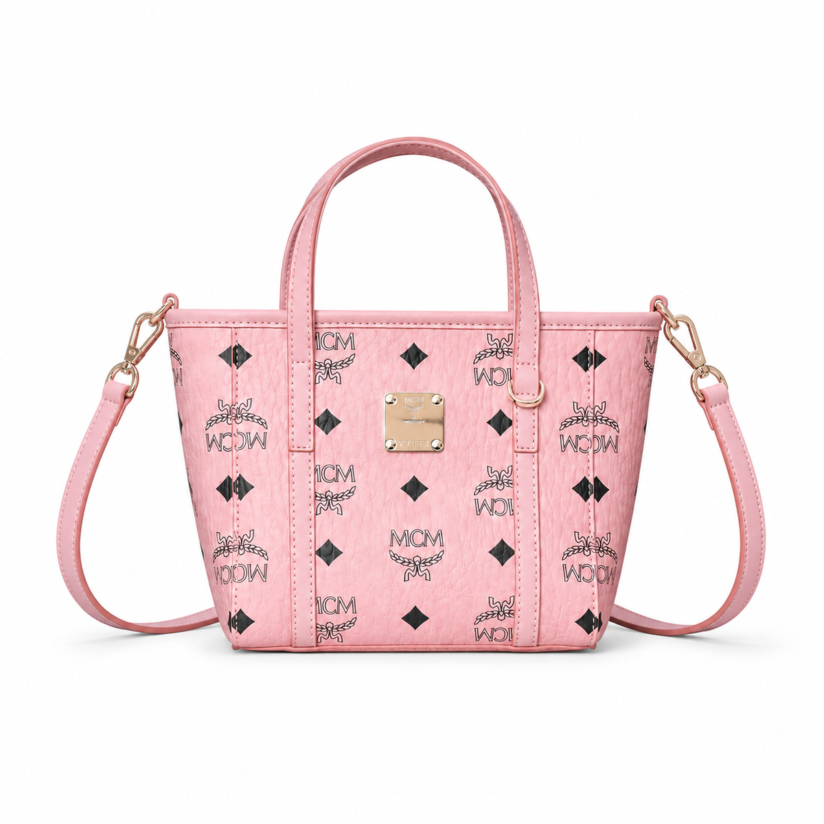 MCM Peach Blossom Pink All-over Monogram Canvas Tote Bag with Detachable Shoulder Strap for Multiple Carrying Options