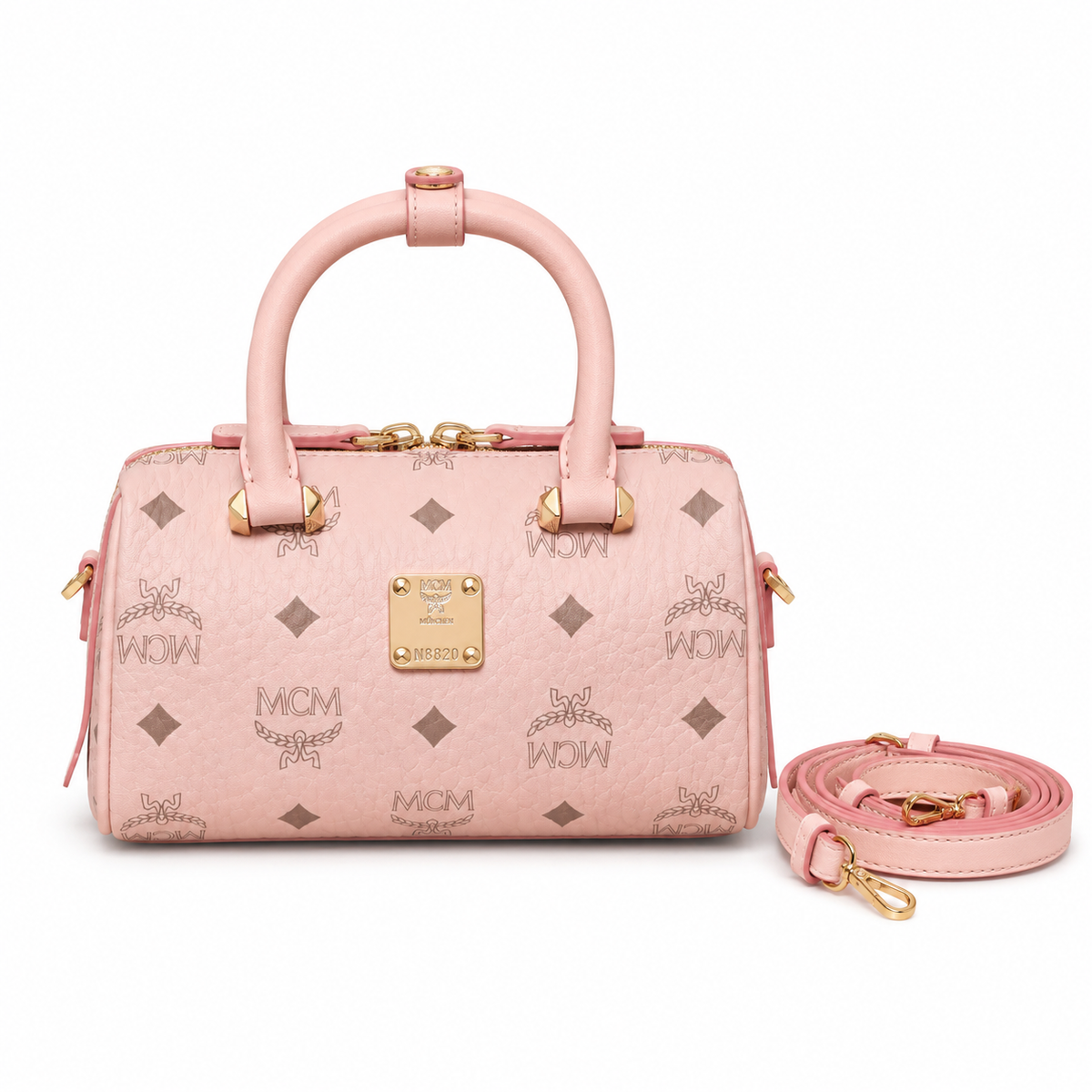 MCM cherry blossom pink all-over monogram canvas bag with gold lock pendant adjustable shoulder strap handbag crossbody bag