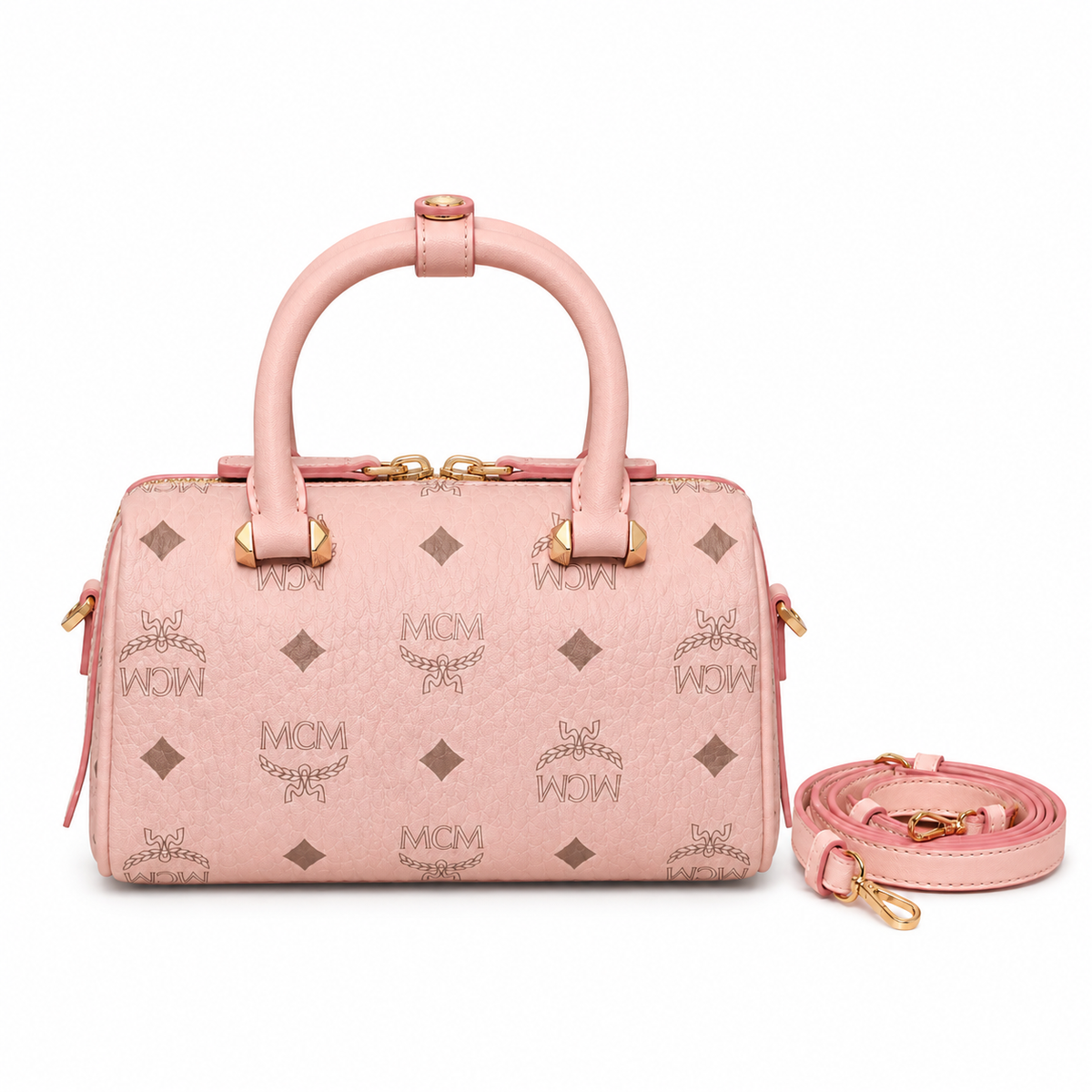 MCM cherry blossom pink all-over monogram canvas bag with gold lock pendant adjustable shoulder strap handbag crossbody bag