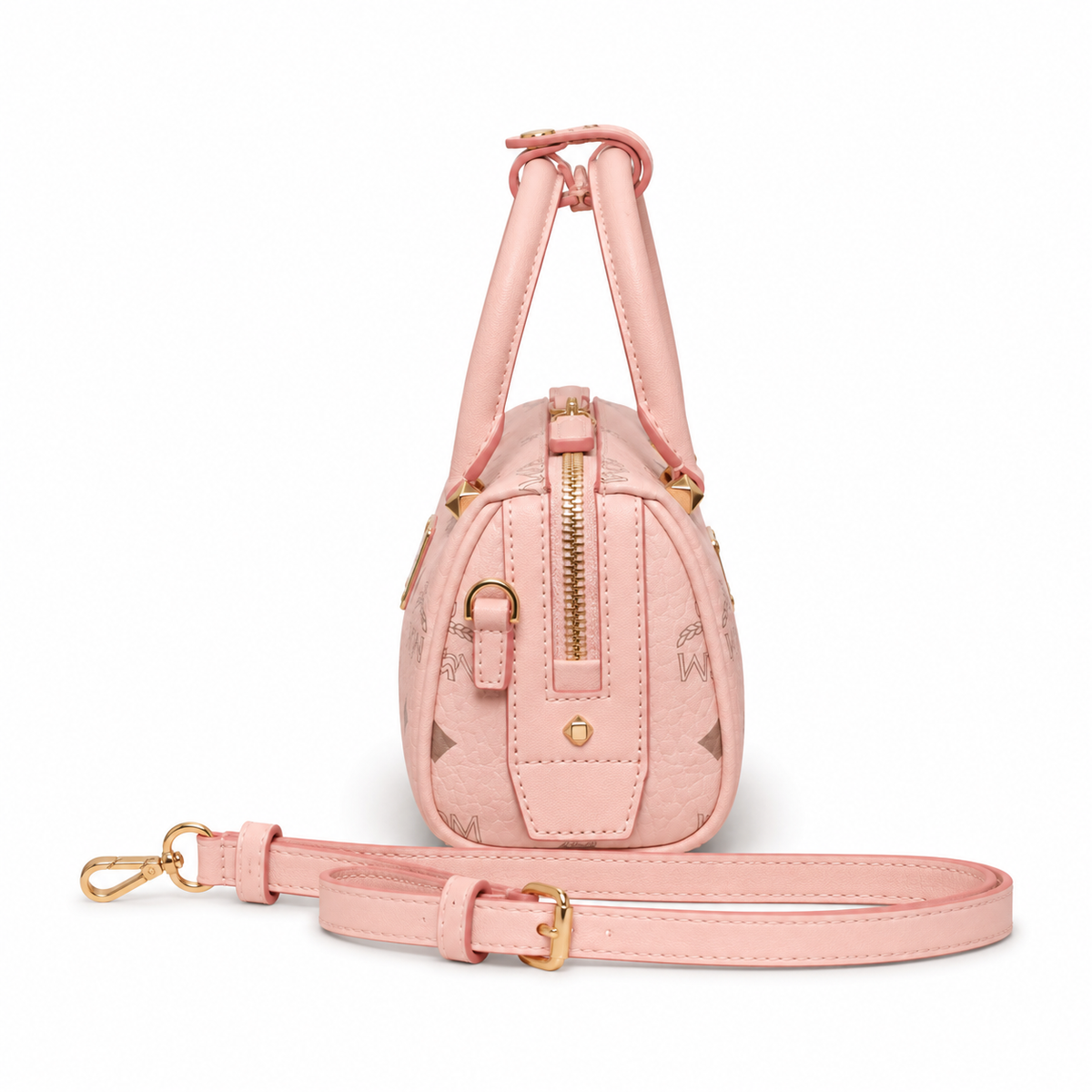MCM cherry blossom pink all-over monogram canvas bag with gold lock pendant adjustable shoulder strap handbag crossbody bag
