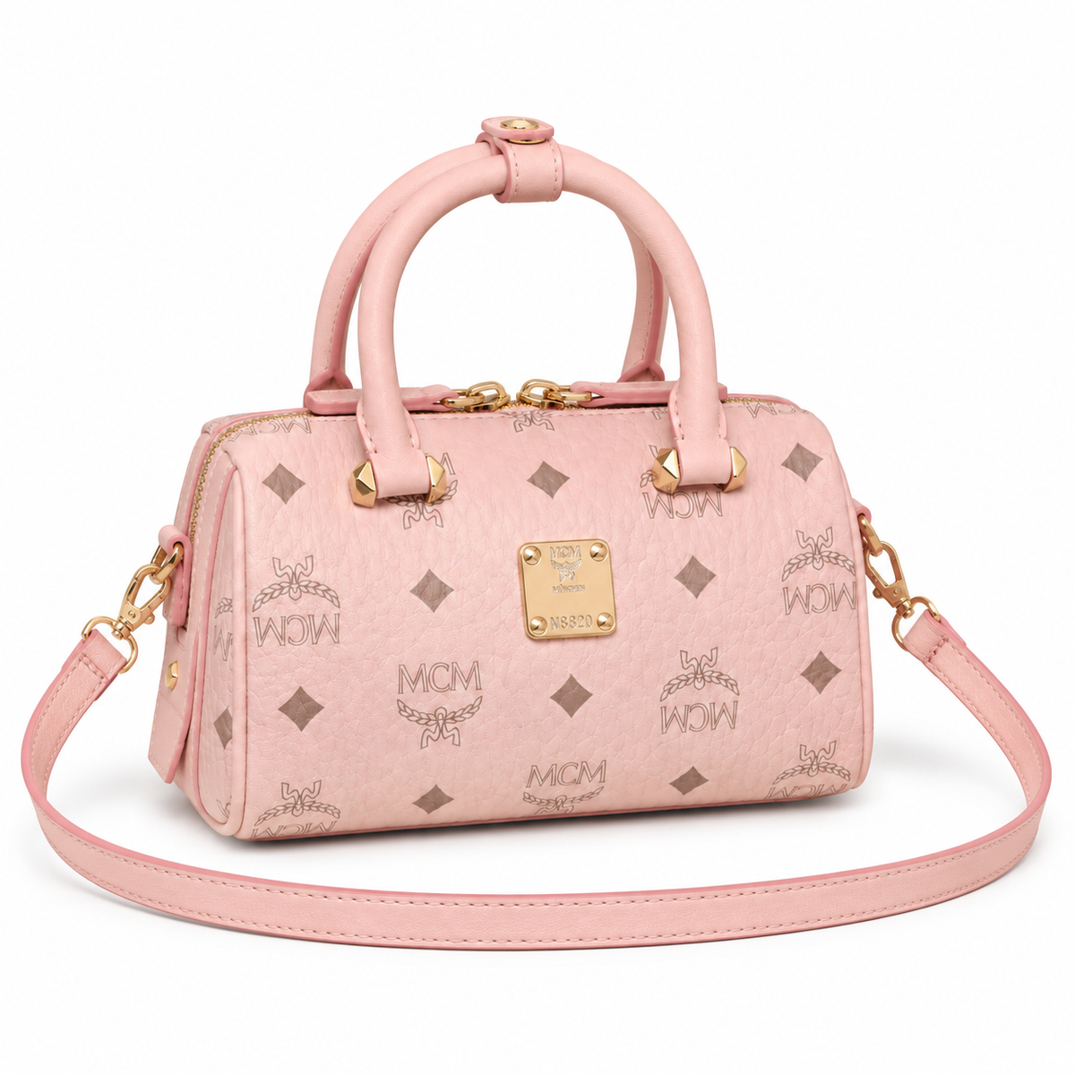MCM cherry blossom pink all-over monogram canvas bag with gold lock pendant adjustable shoulder strap handbag crossbody bag