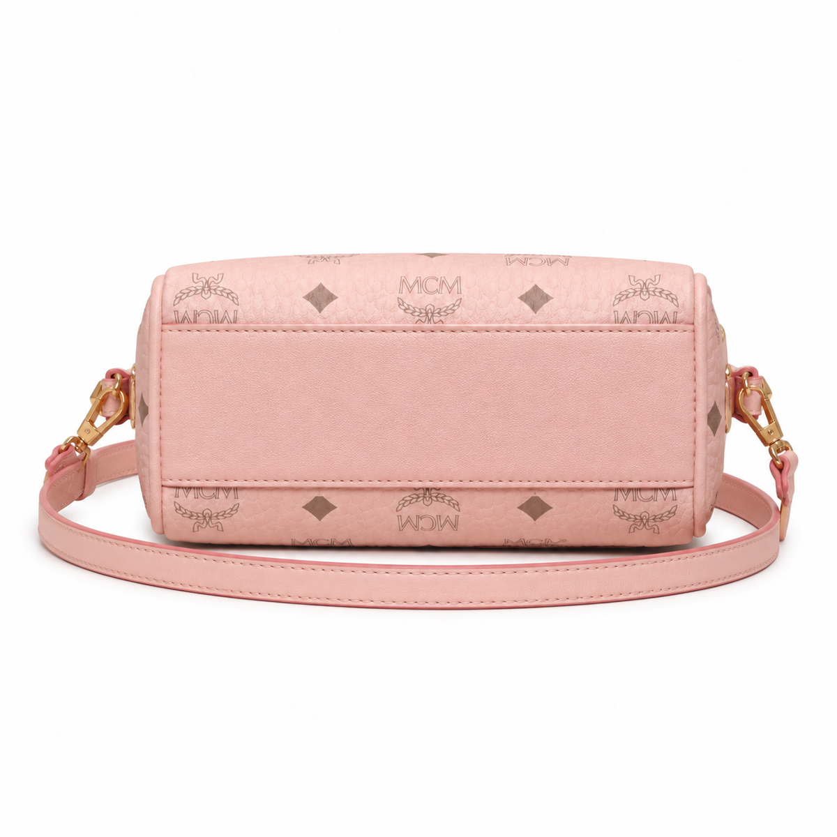 MCM cherry blossom pink all-over monogram canvas bag with gold lock pendant adjustable shoulder strap handbag crossbody bag