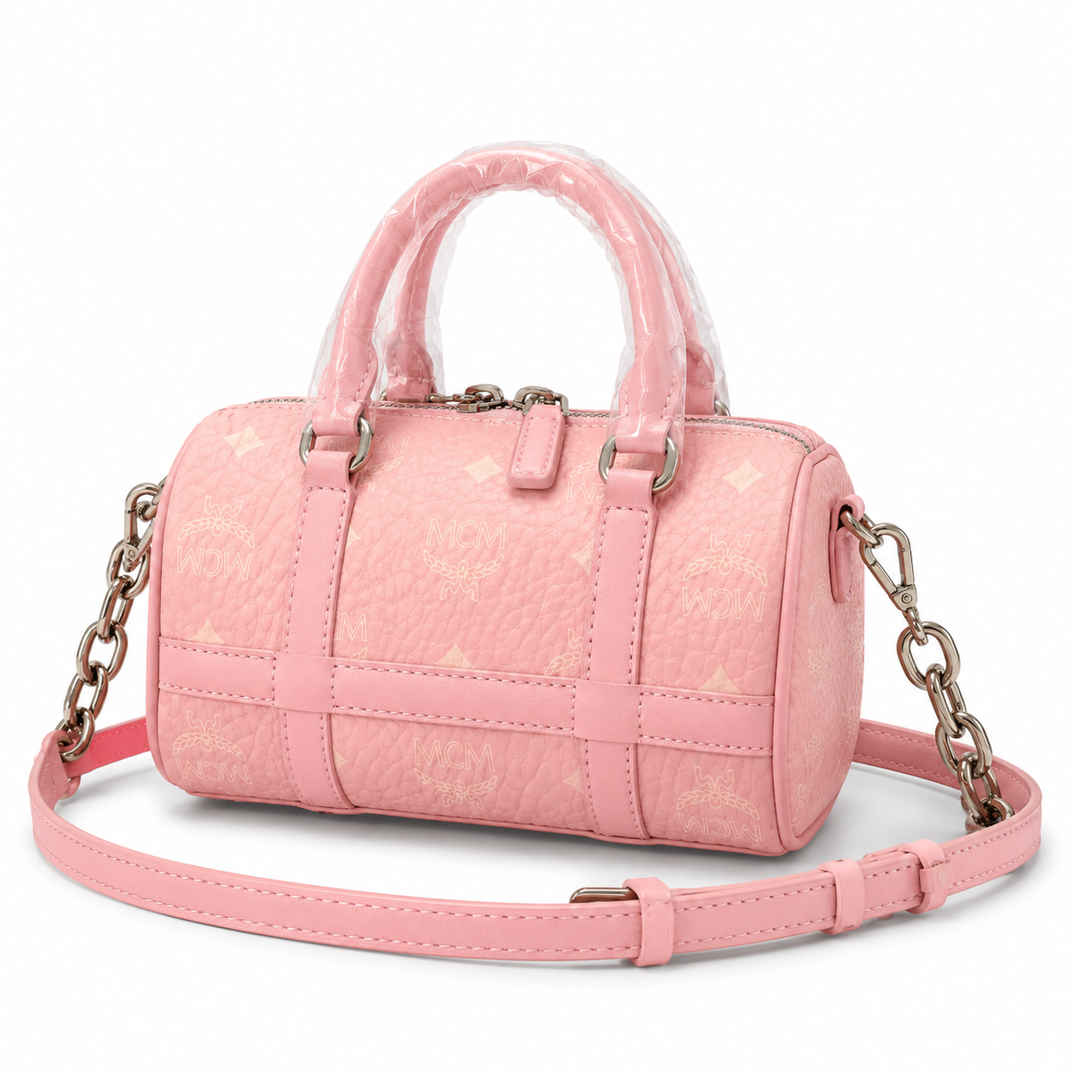 MCM cherry blossom pink all-over monogram canvas bag with gold lock pendant adjustable shoulder strap handbag crossbody bag