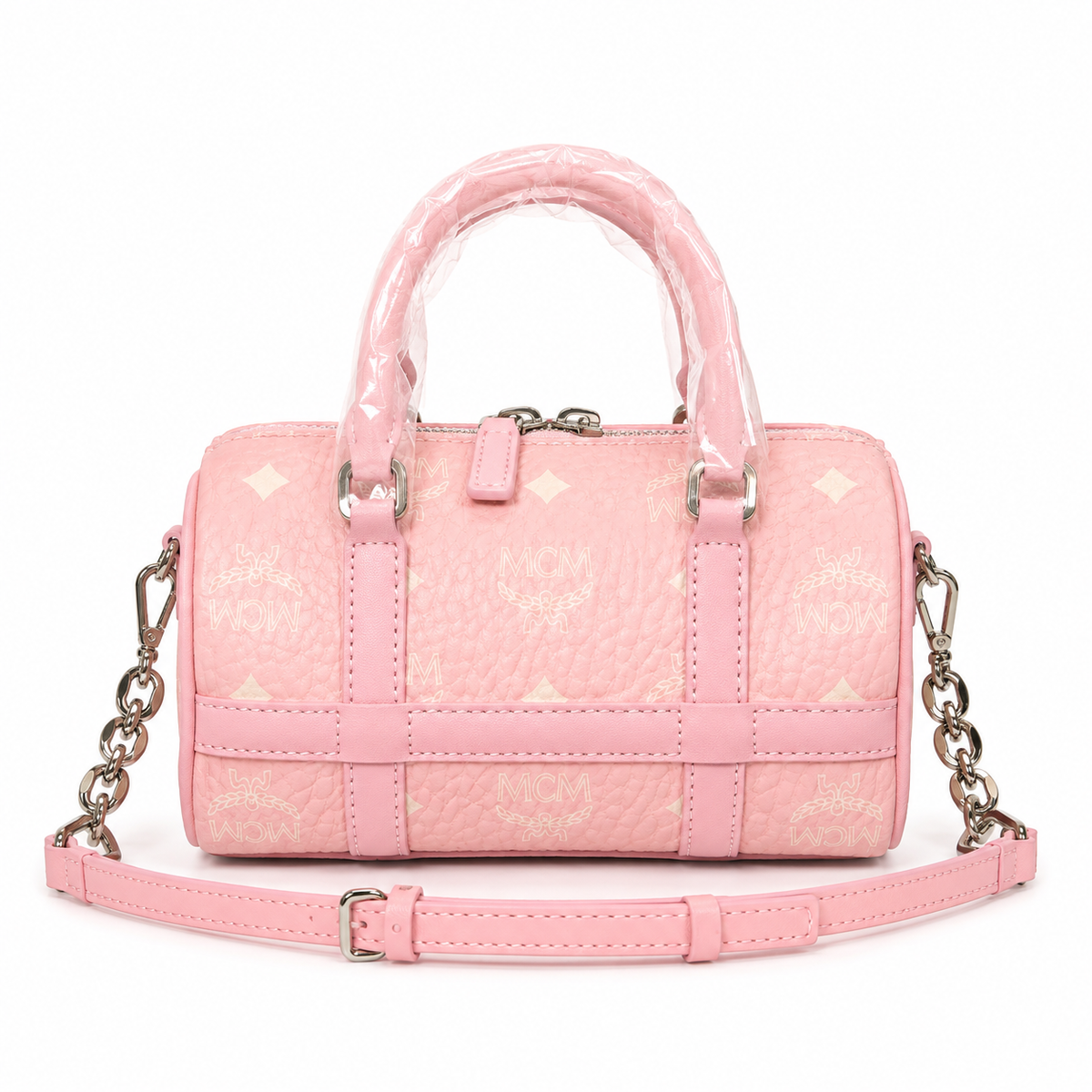 MCM cherry blossom pink all-over monogram canvas bag with gold lock pendant adjustable shoulder strap handbag crossbody bag