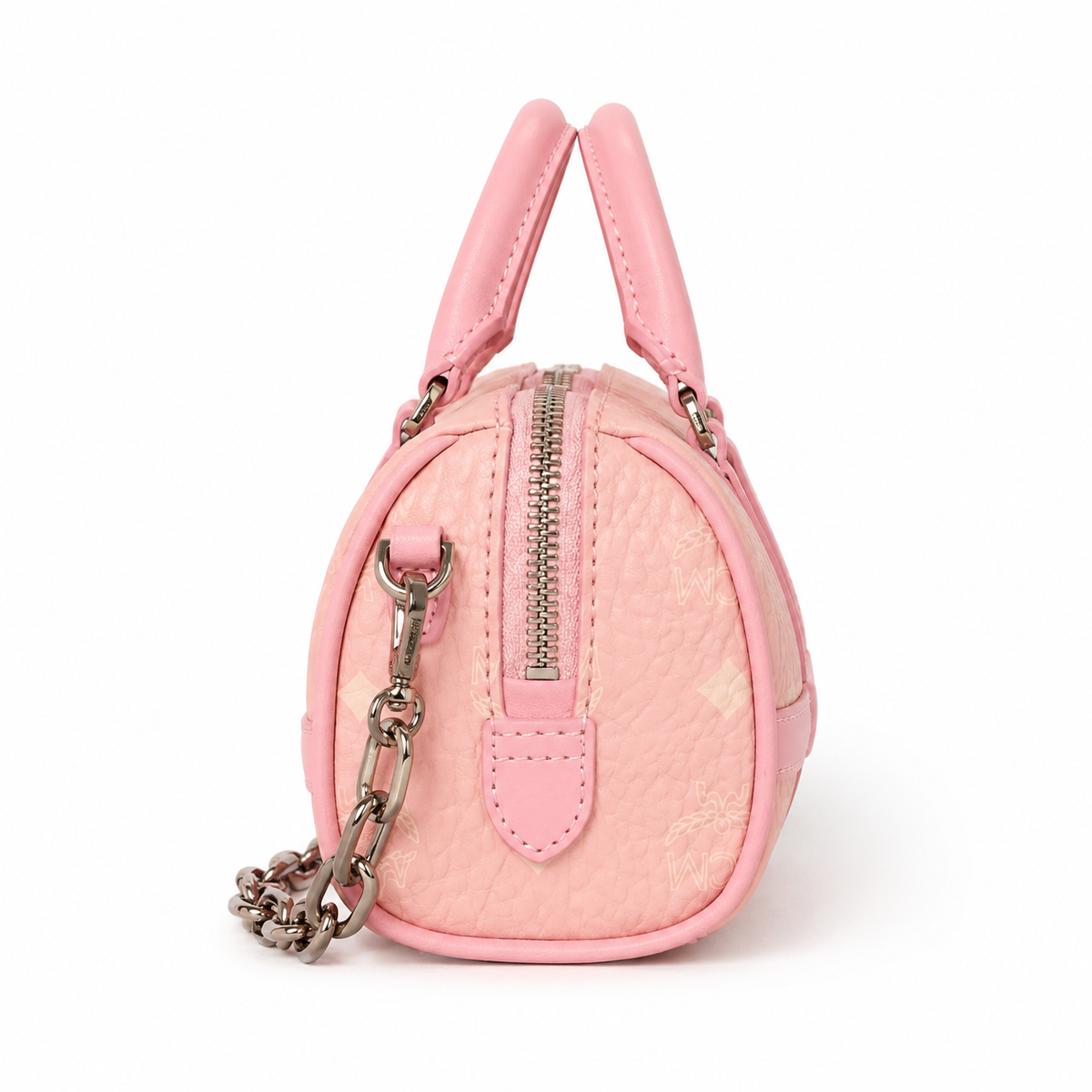 MCM cherry blossom pink all-over monogram canvas bag with gold lock pendant adjustable shoulder strap handbag crossbody bag
