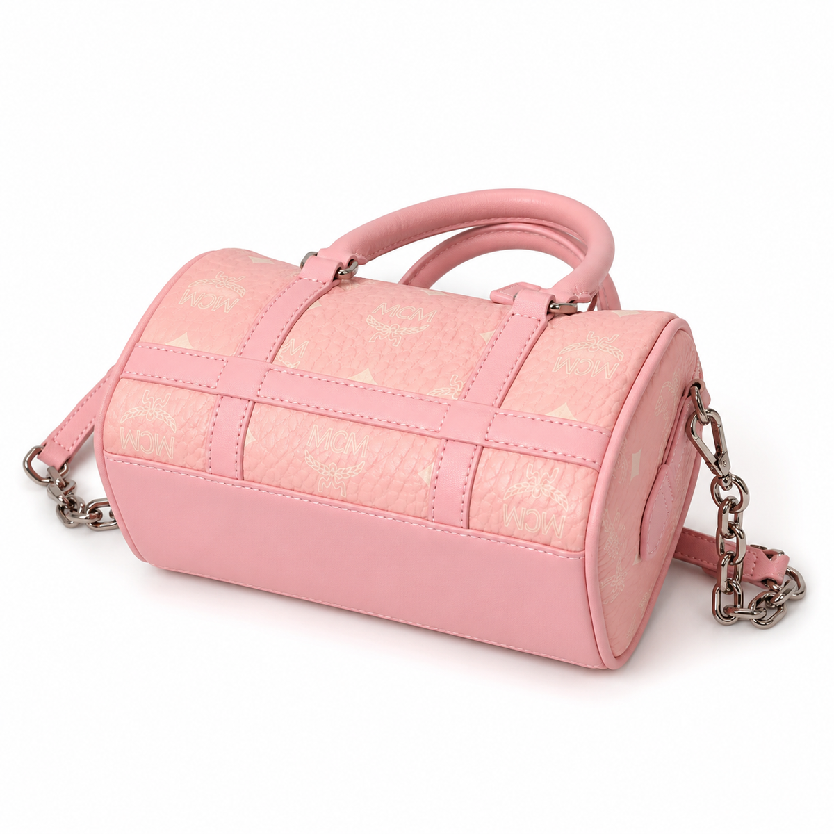 MCM cherry blossom pink all-over monogram canvas bag with gold lock pendant adjustable shoulder strap handbag crossbody bag