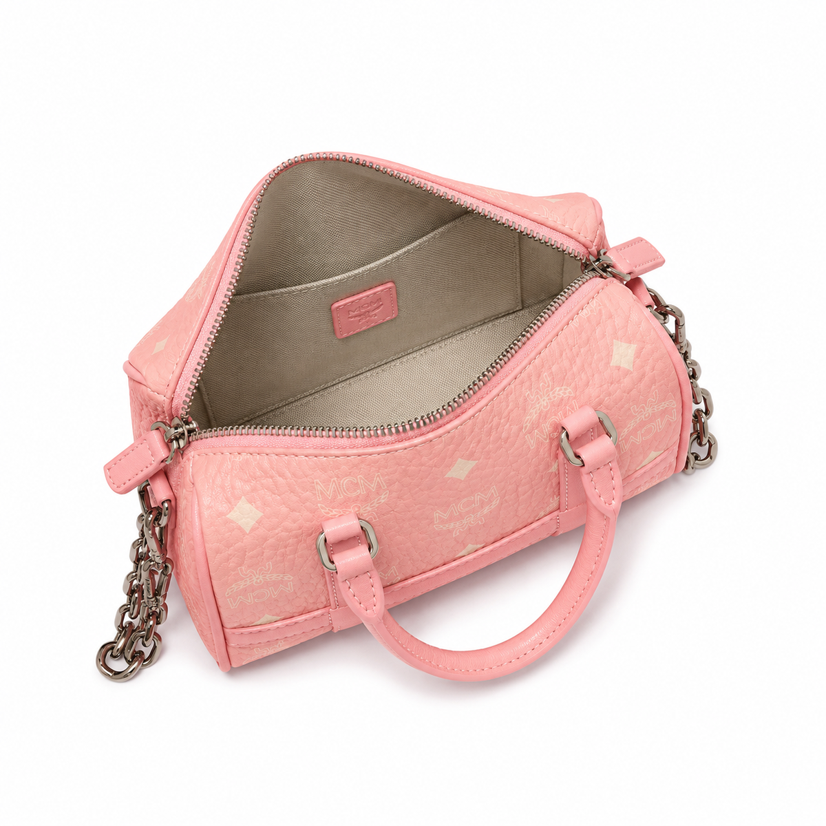 MCM cherry blossom pink all-over monogram canvas bag with gold lock pendant adjustable shoulder strap handbag crossbody bag