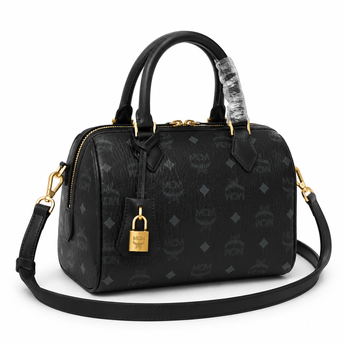 MCM black monogram canvas bag with gold lock pendant adjustable shoulder strap handbag/shoulder/crossbody style