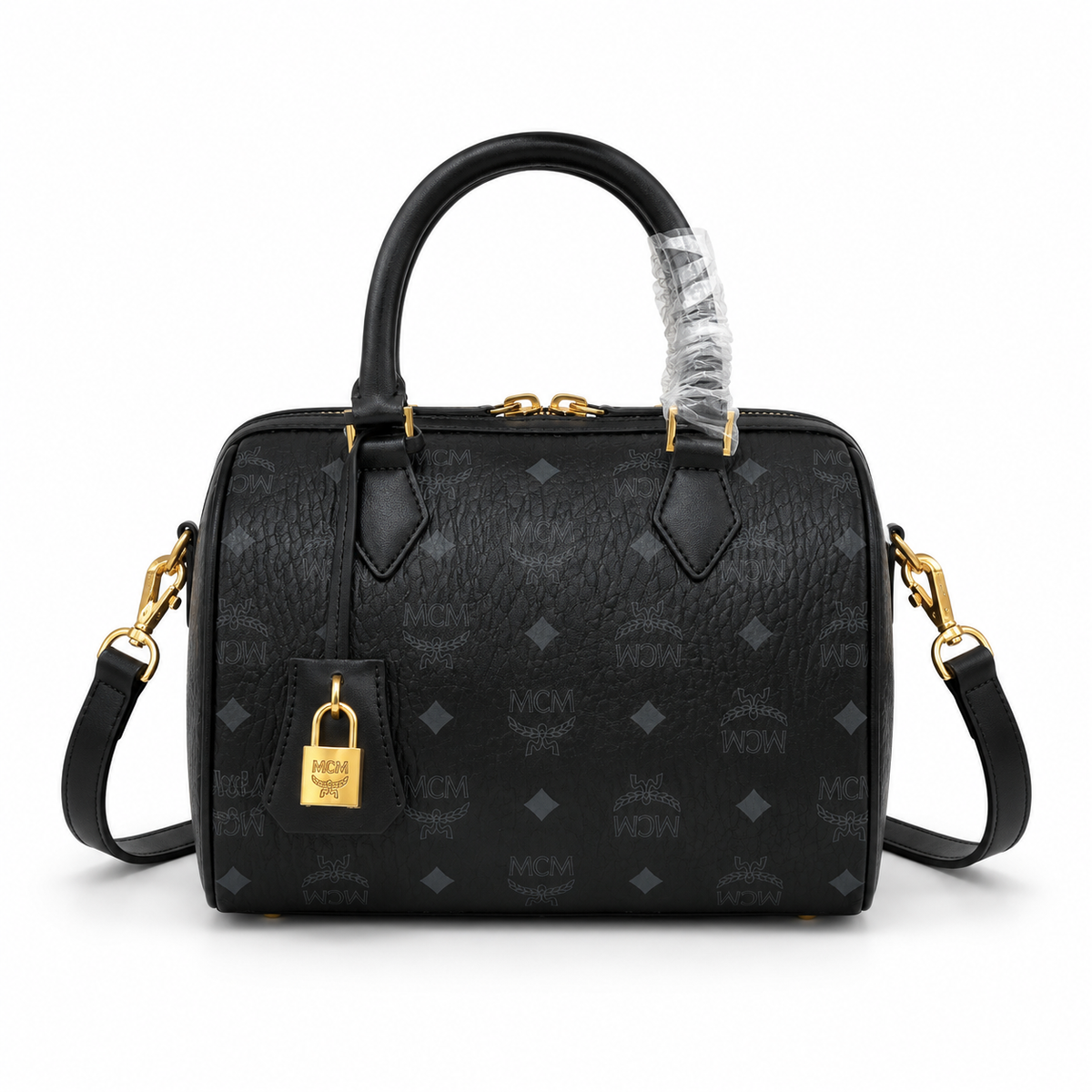 MCM black monogram canvas bag with gold lock pendant adjustable shoulder strap handbag/shoulder/crossbody style