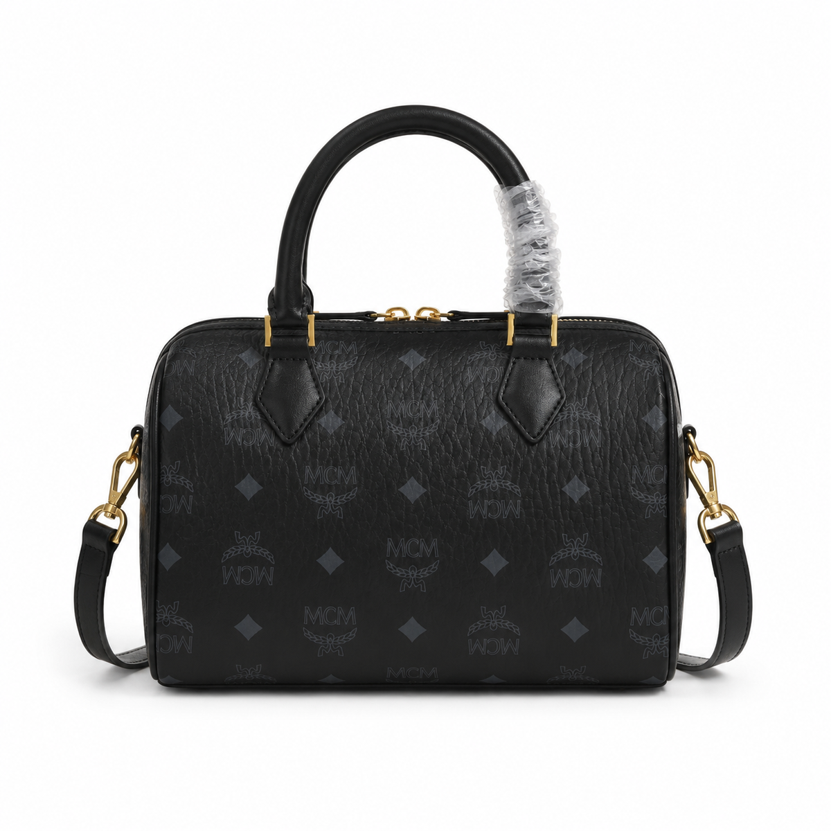 MCM black monogram canvas bag with gold lock pendant adjustable shoulder strap handbag/shoulder/crossbody style