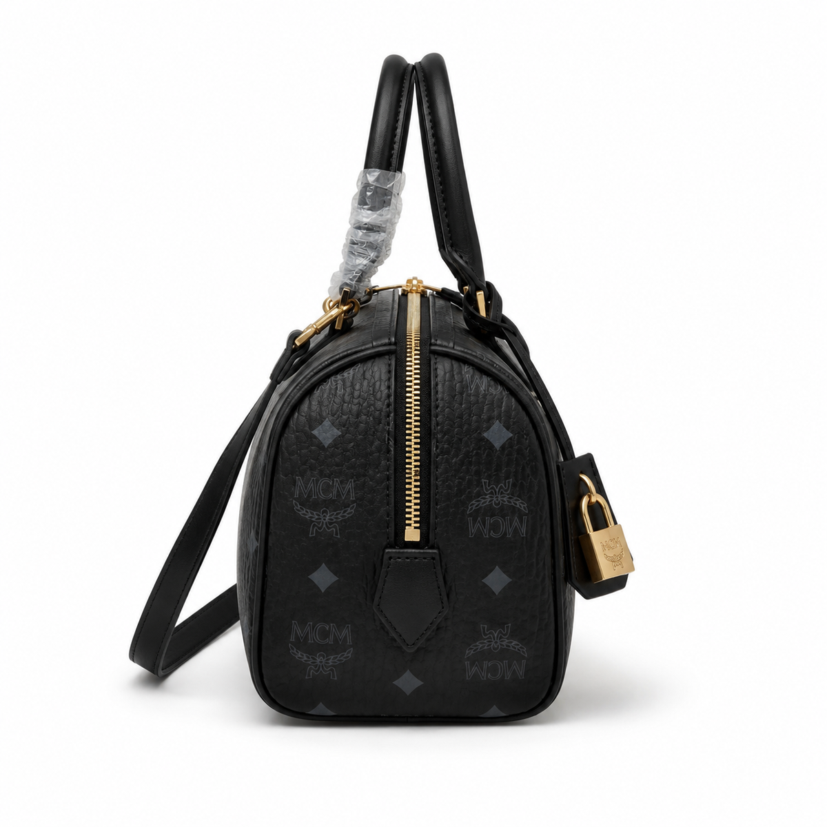 MCM black monogram canvas bag with gold lock pendant adjustable shoulder strap handbag/shoulder/crossbody style