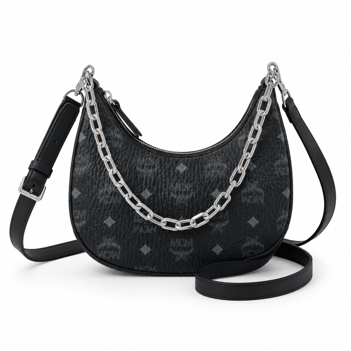 MCM black monogram canvas bag with silver chain handles adjustable shoulder strap for crossbody or underarm wear