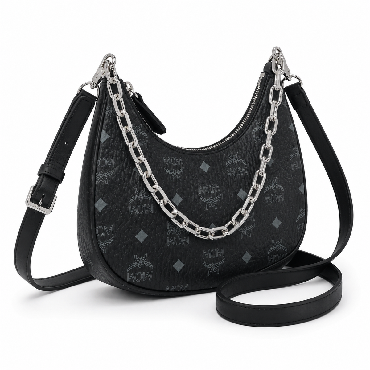 MCM black monogram canvas bag with silver chain handles adjustable shoulder strap for crossbody or underarm wear