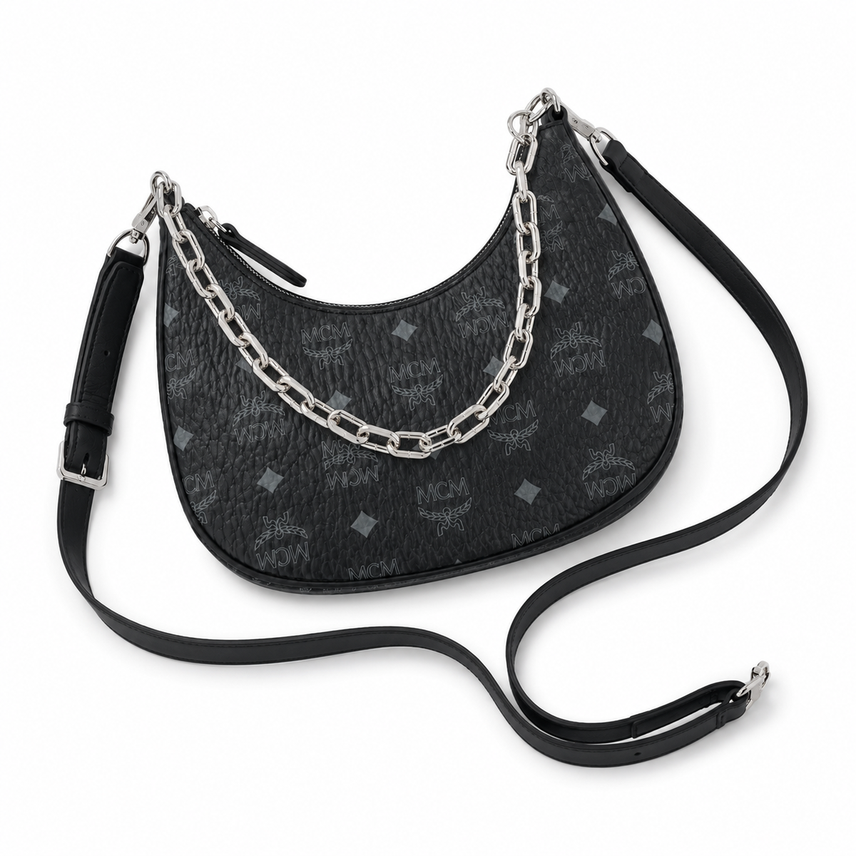 MCM black monogram canvas bag with silver chain handles adjustable shoulder strap for crossbody or underarm wear