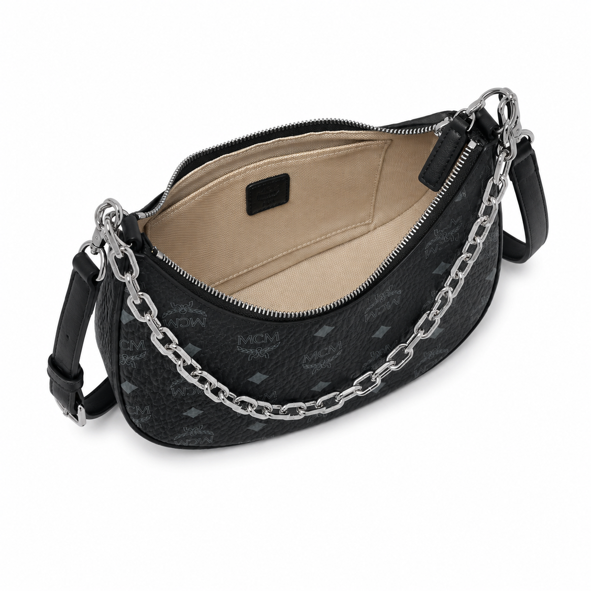 MCM black monogram canvas bag with silver chain handles adjustable shoulder strap for crossbody or underarm wear