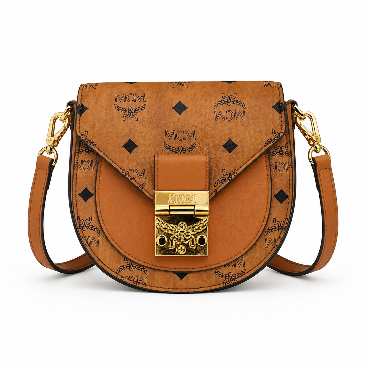 MCM Cognac-colored all-over monogram canvas bag with gold-plated clasp pendant adjustable shoulder strap for single-shoulder or crossbody wear