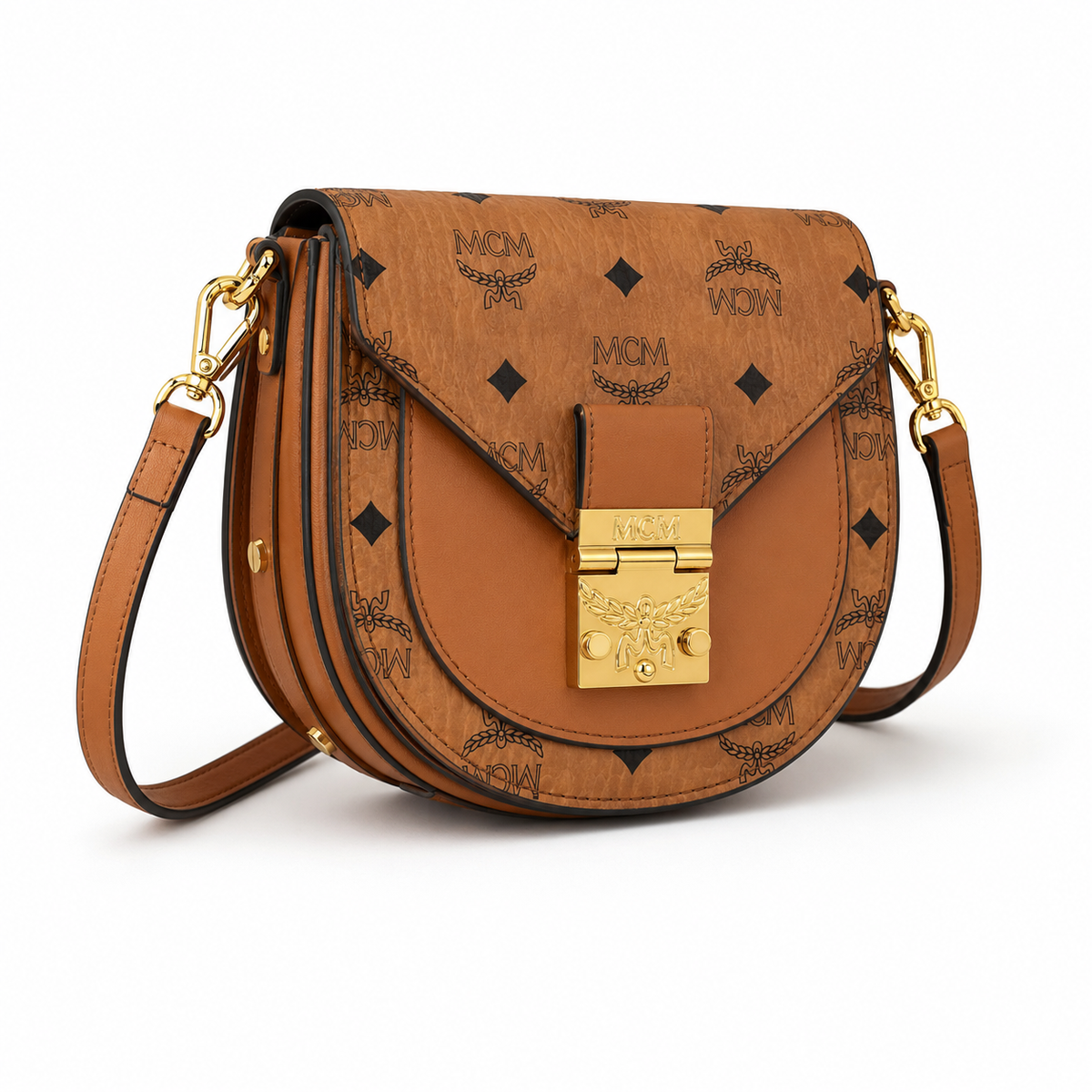 MCM Cognac-colored all-over monogram canvas bag with gold-plated clasp pendant adjustable shoulder strap for single-shoulder or crossbody wear