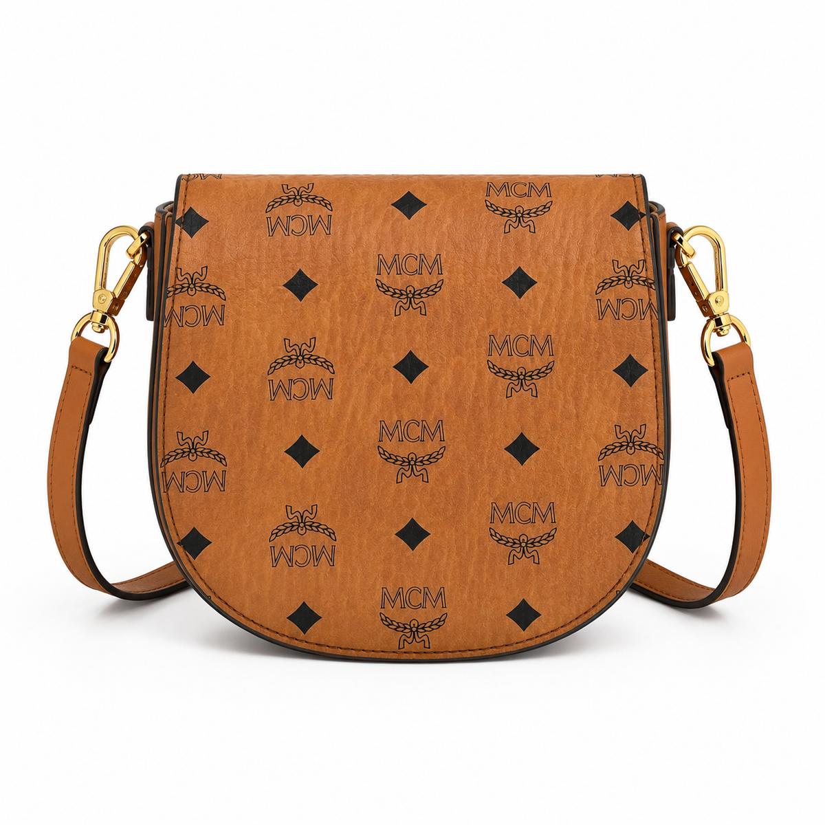 MCM Cognac-colored all-over monogram canvas bag with gold-plated clasp pendant adjustable shoulder strap for single-shoulder or crossbody wear