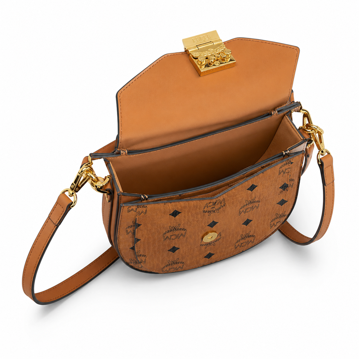 MCM Cognac-colored all-over monogram canvas bag with gold-plated clasp pendant adjustable shoulder strap for single-shoulder or crossbody wear