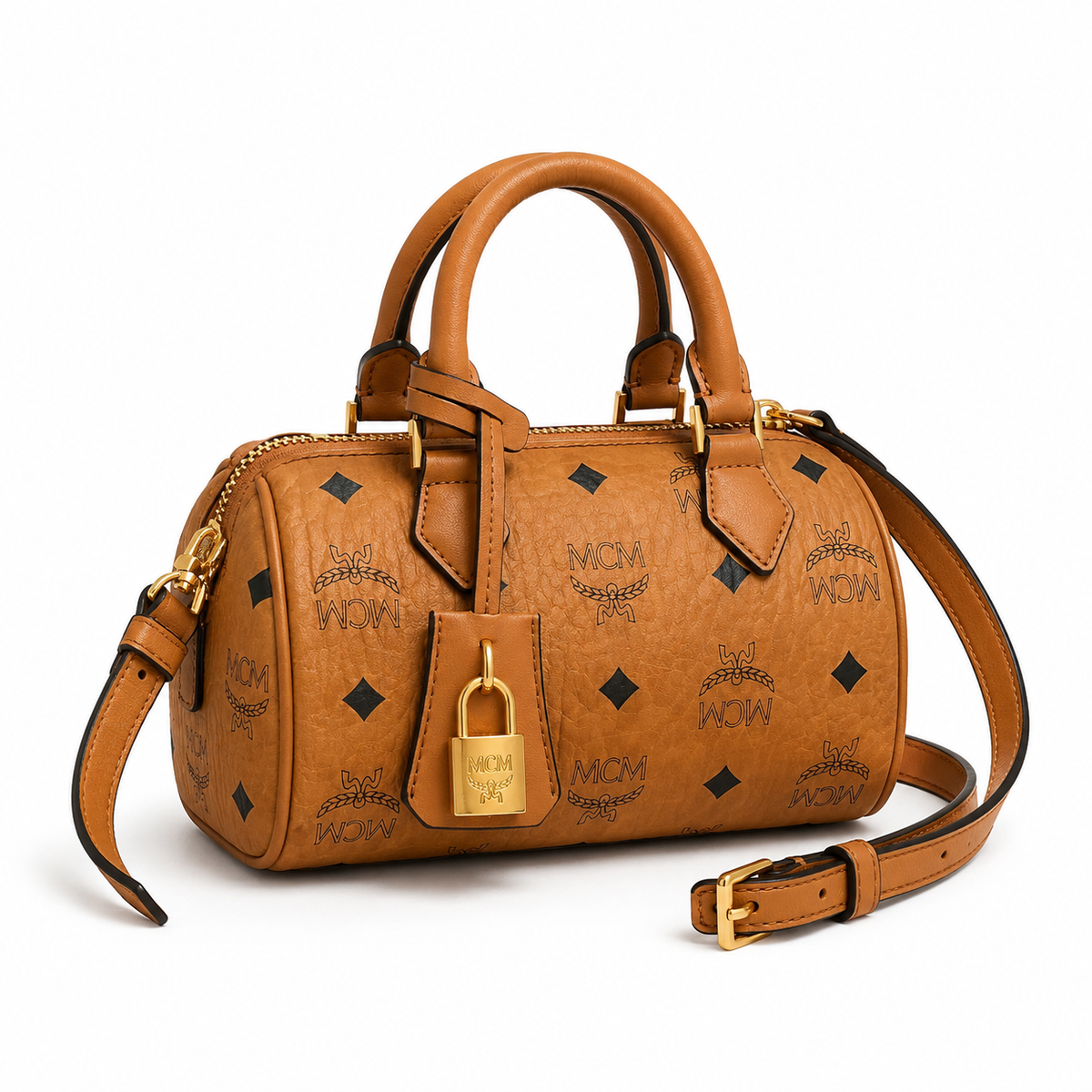 MCM Cognac-colored all-over monogram canvas bag with gold padlock pendant adjustable shoulder strap handbag shoulder bag or crossbody bag