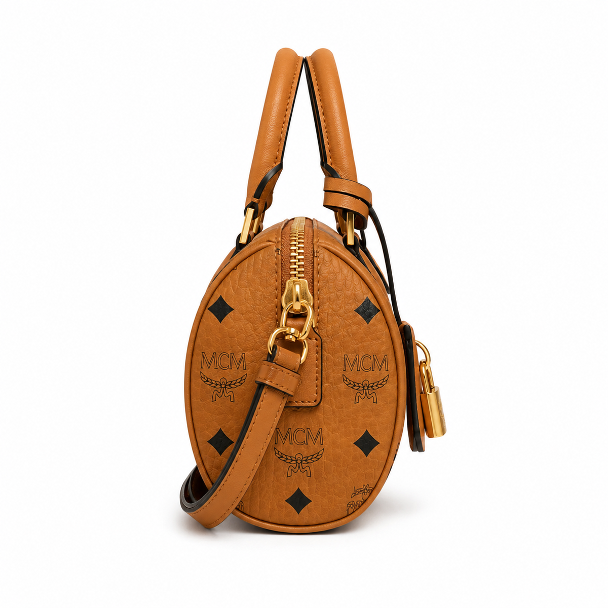 MCM Cognac-colored all-over monogram canvas bag with gold padlock pendant adjustable shoulder strap handbag shoulder bag or crossbody bag