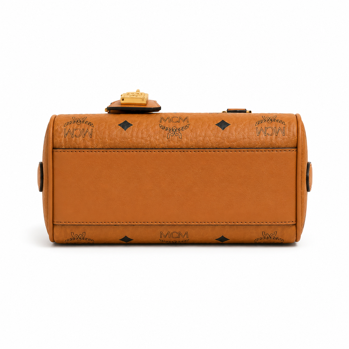 MCM Cognac-colored all-over monogram canvas bag with gold padlock pendant adjustable shoulder strap handbag shoulder bag or crossbody bag