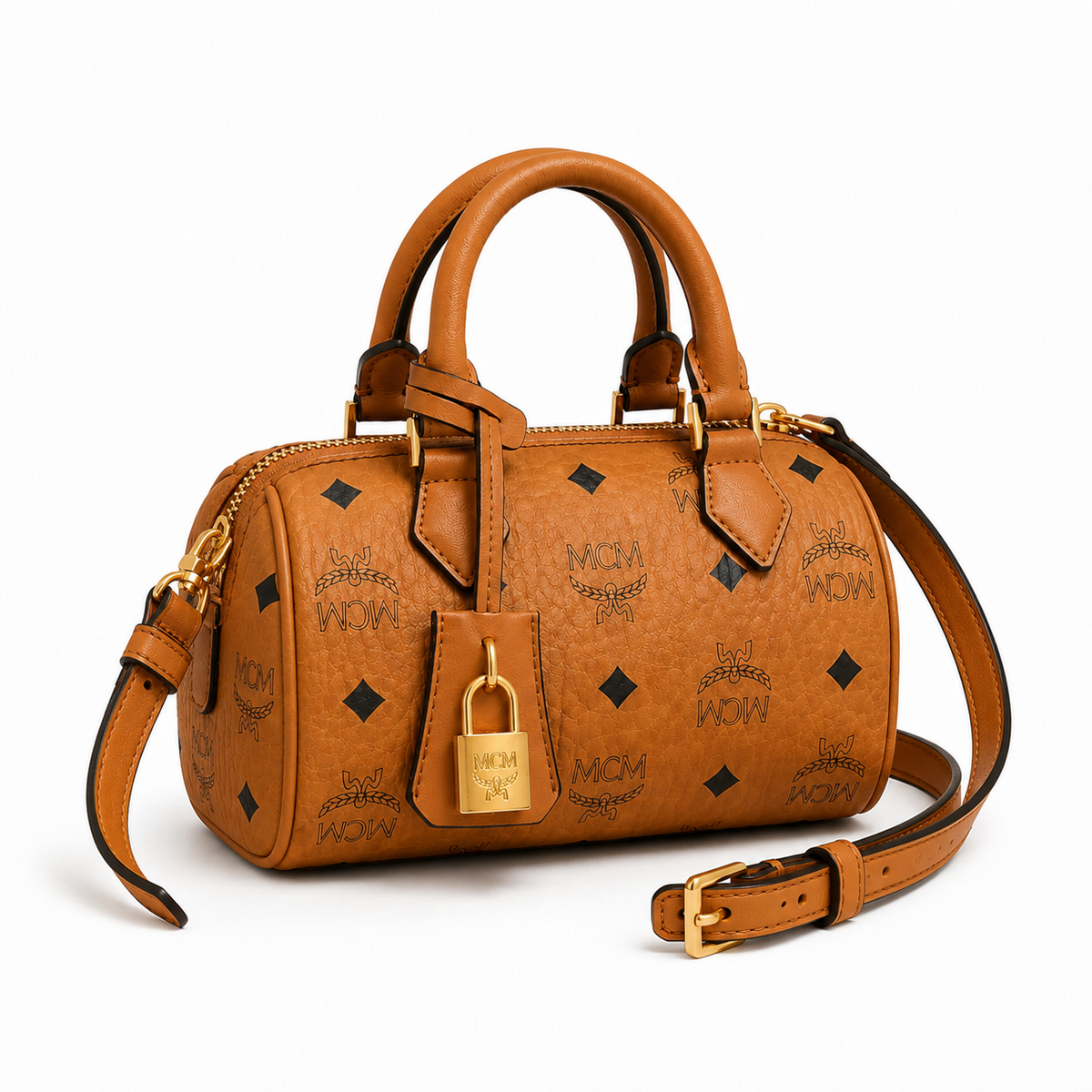 MCM Cognac-colored all-over monogram canvas bag with gold padlock pendant adjustable shoulder strap handbag shoulder bag or crossbody bag