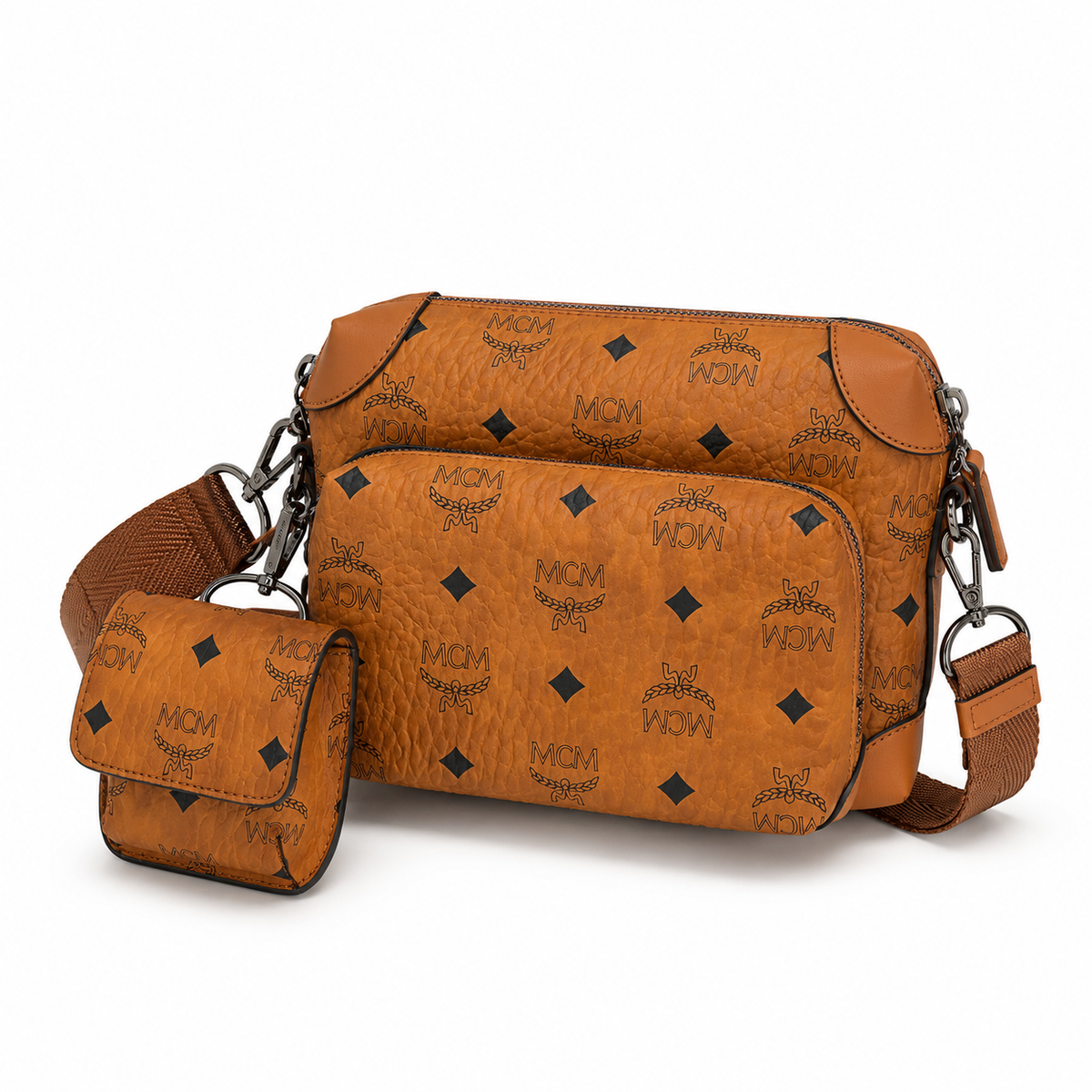 MCM Cognac-colored all-over monogram canvas bag with detachable small pouch women's 3-in-1 crossbody bag