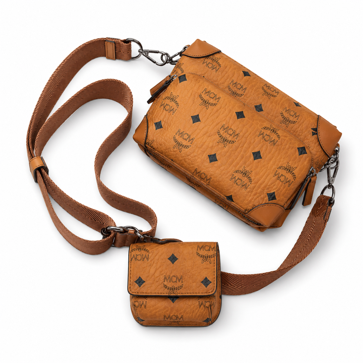MCM Cognac-colored all-over monogram canvas bag with detachable small pouch women's 3-in-1 crossbody bag