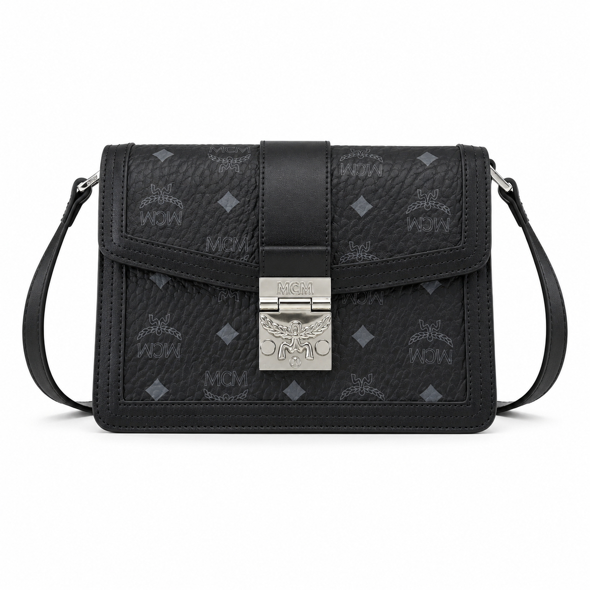 MCM black monogram canvas with silver laurel leaf clasp adjustable shoulder strap for single-shoulder or crossbody wear
