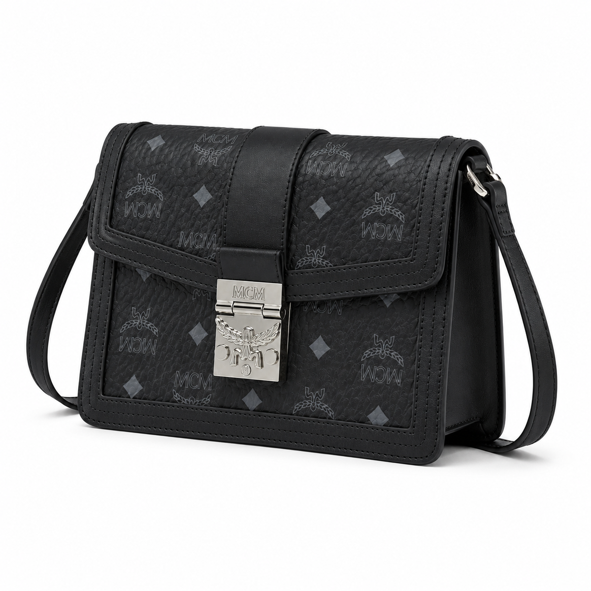 MCM black monogram canvas with silver laurel leaf clasp adjustable shoulder strap for single-shoulder or crossbody wear