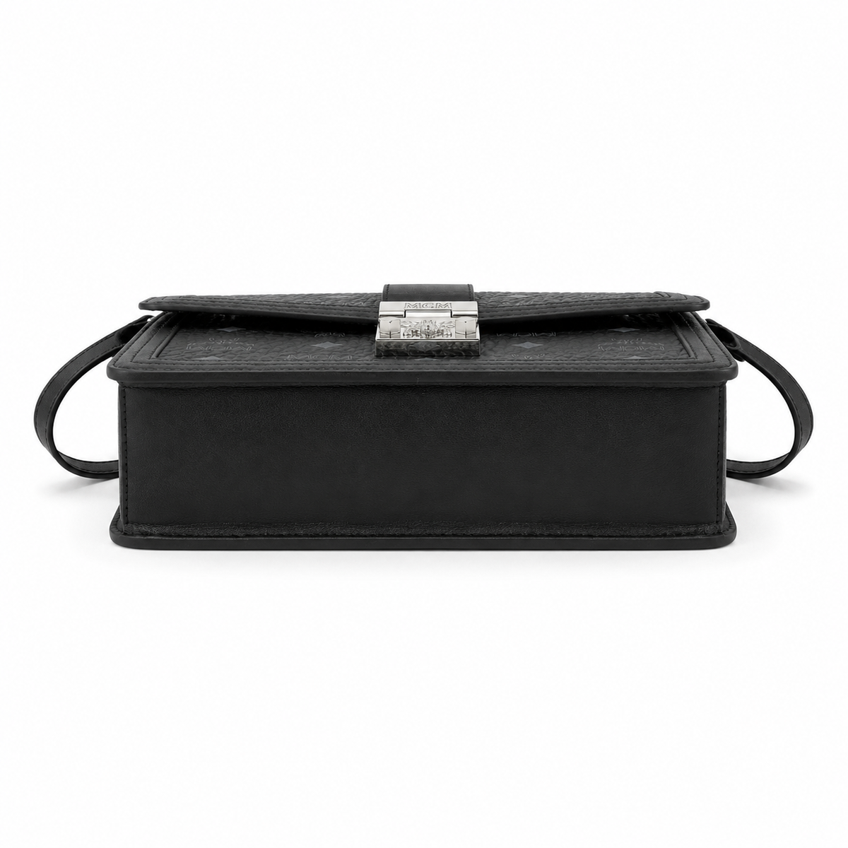 MCM black monogram canvas with silver laurel leaf clasp adjustable shoulder strap for single-shoulder or crossbody wear