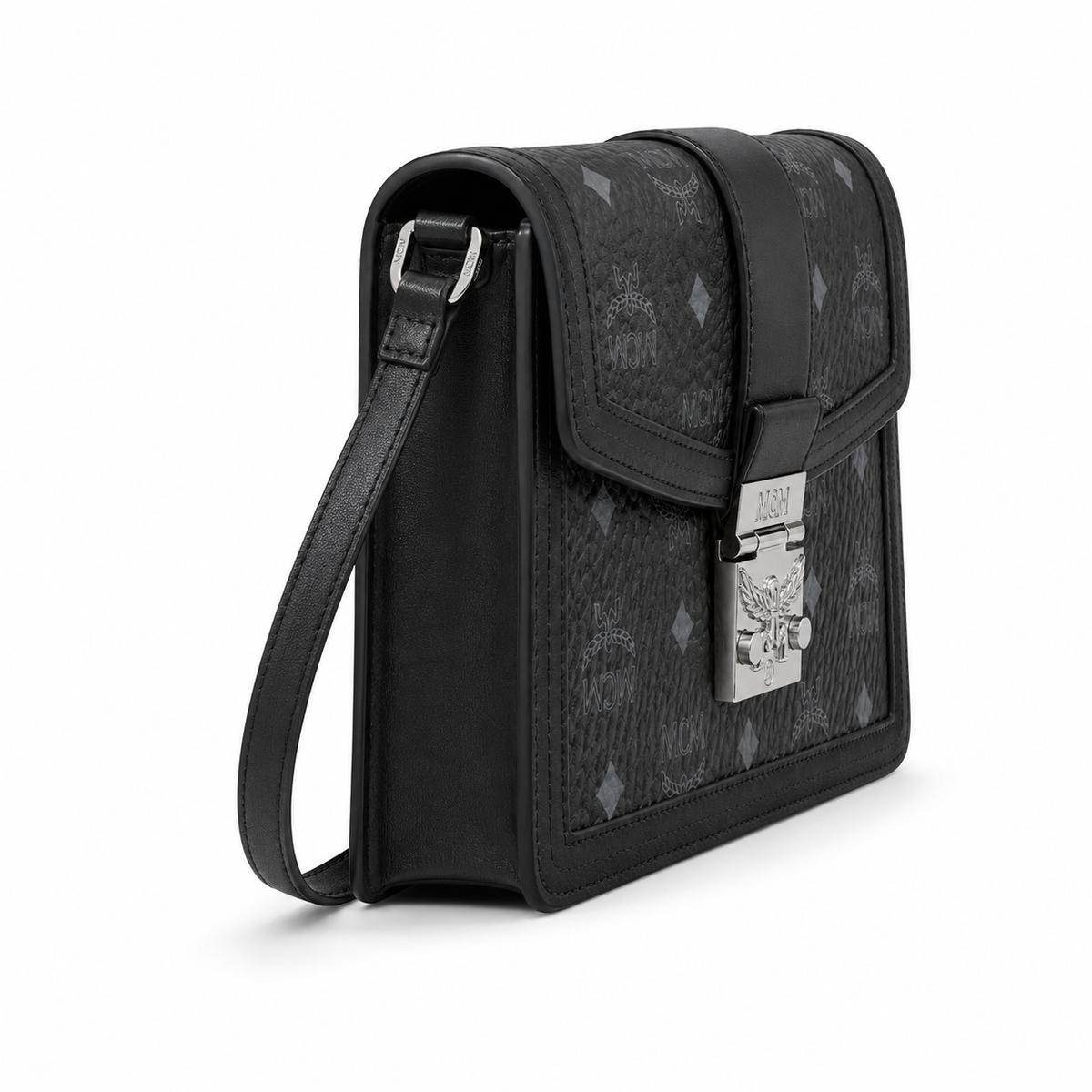 MCM black monogram canvas with silver laurel leaf clasp adjustable shoulder strap for single-shoulder or crossbody wear