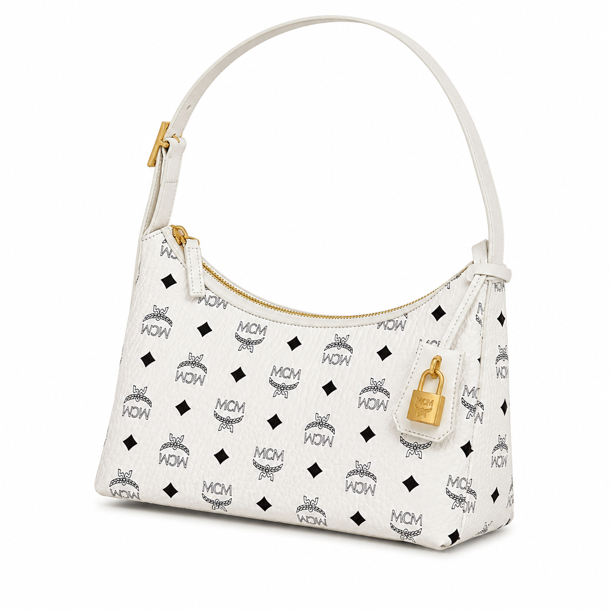 MCM white monogram canvas bag with gold padlock pendant adjustable shoulder strap for crossbody or underarm wear