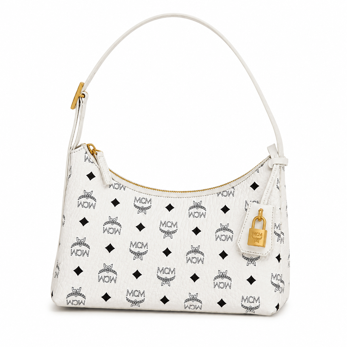 MCM white monogram canvas bag with gold padlock pendant adjustable shoulder strap for crossbody or underarm wear