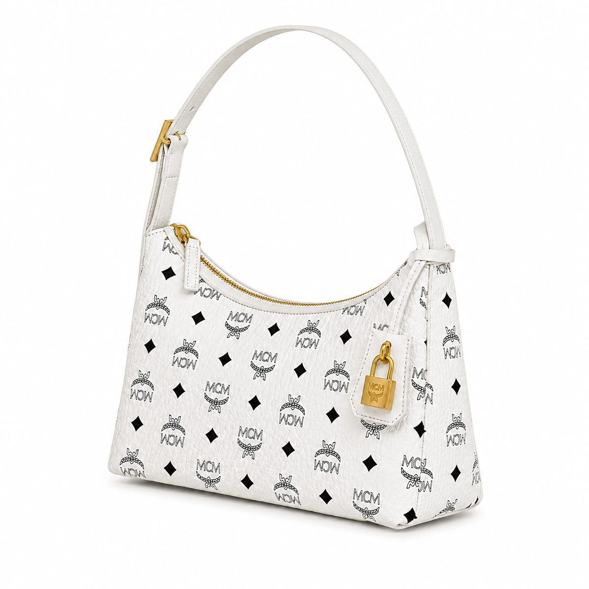 MCM white monogram canvas bag with gold padlock pendant adjustable shoulder strap for crossbody or underarm wear