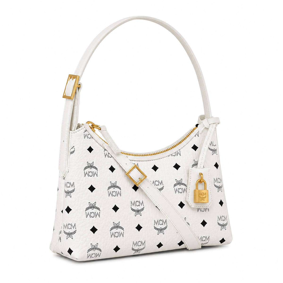 MCM white monogram canvas bag with gold padlock pendant adjustable shoulder strap for crossbody or underarm wear