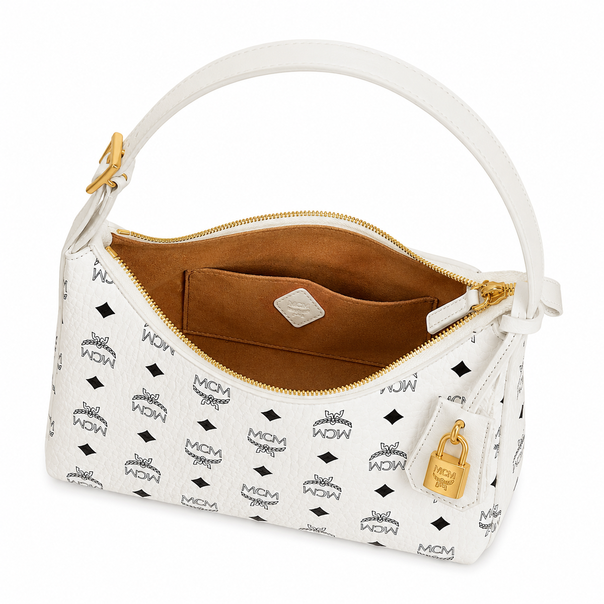 MCM white monogram canvas bag with gold padlock pendant adjustable shoulder strap for crossbody or underarm wear