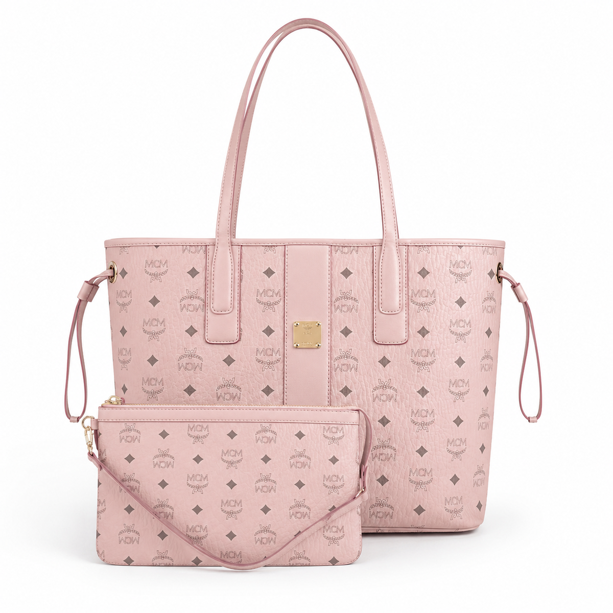 MCM peach pink all-over monogram canvas bag with detachable clutch drawstring adjustable handle versatile for carrying on the shoulder crossbody or as a single shoulder bag