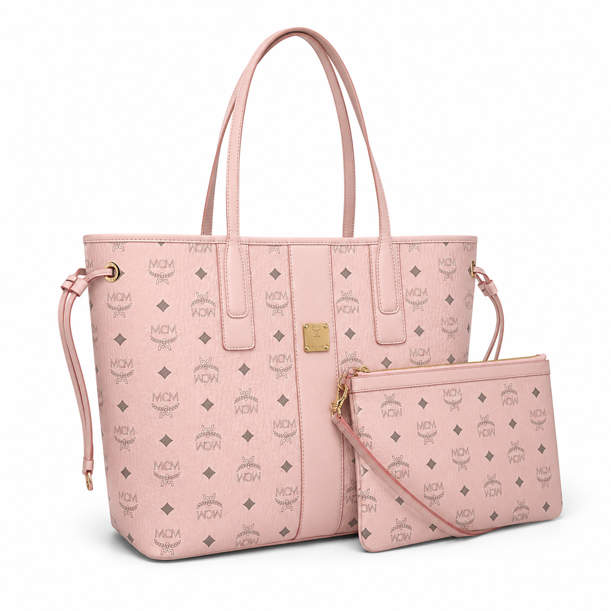 MCM peach pink all-over monogram canvas bag with detachable clutch drawstring adjustable handle versatile for carrying on the shoulder crossbody or as a single shoulder bag